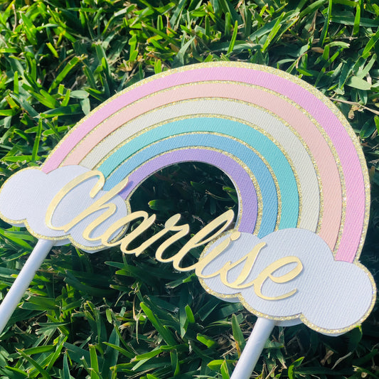 Pastel Rainbow and Gold Custom Name Cake Topper