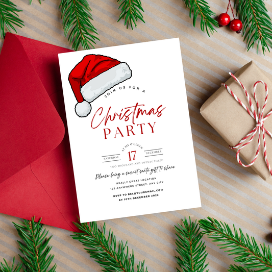 Editable Christmas Party Invitation Template | Santa Hat Digital Invite