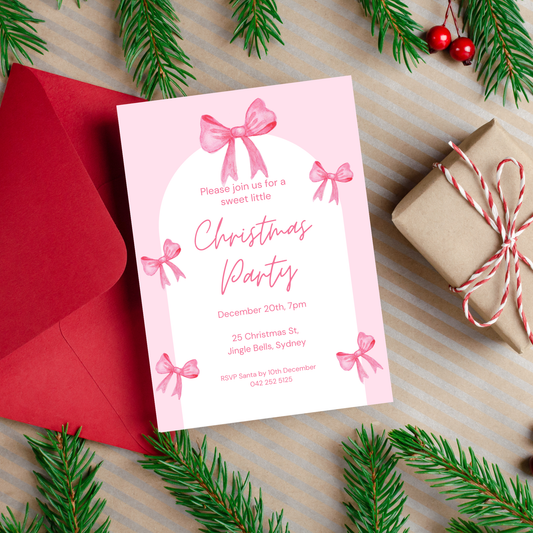 Editable Pink Bows Christmas Party Invitation | Digital Download