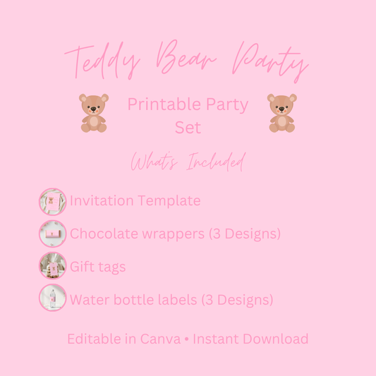 Cute Bear Baby Shower Girl Printable Party Set Editable Canva Templates | Digital Download