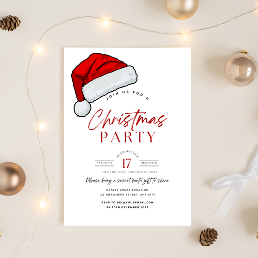Editable Christmas Party Invitation Template | Santa Hat Digital Invite