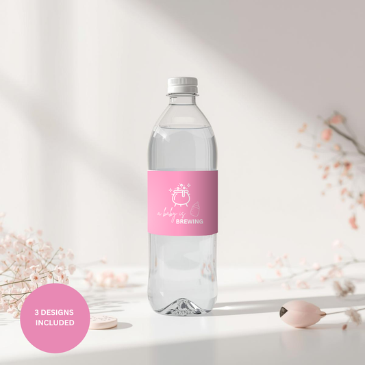 Pink Halloween Baby Shower Water Bottle Labels: A Baby Is Brewing (Canva Template, Digital Download)