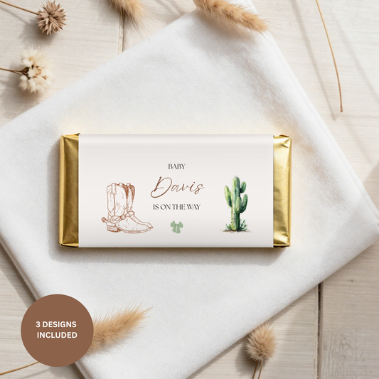 Cowgirl Baby Shower Chocolate Wrapper, Western Cowboy Favor, Canva Template, Boots Label, Gender Reveal