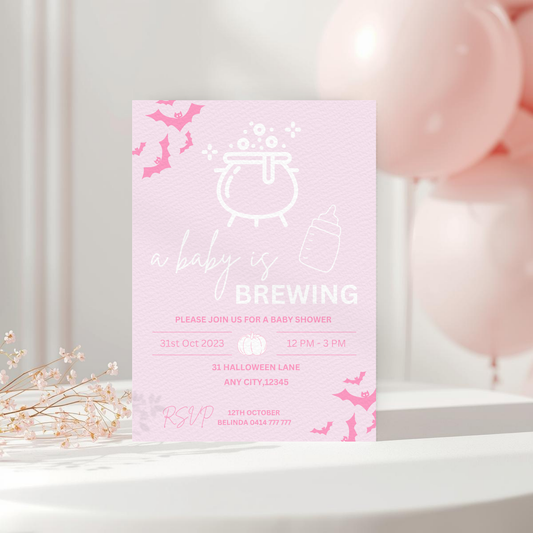 Pink Halloween Baby Shower Invitation, A Baby Is Brewing, Editable Canva Template (Digital Download)