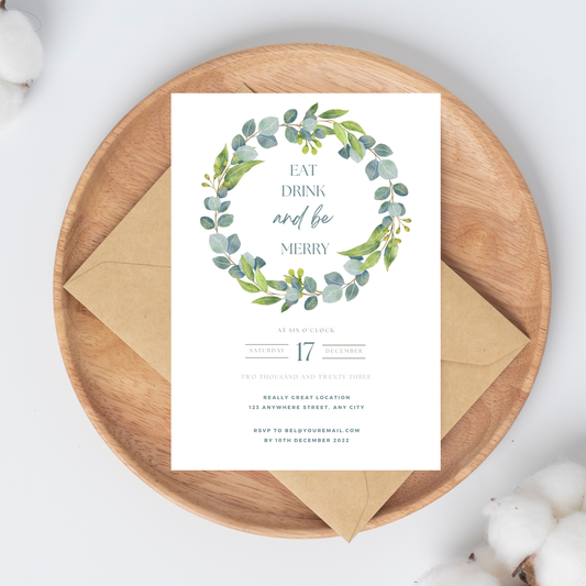 Editable Digital Christmas Invitation – Eat, Drink & Be Merry | Printable Eucalyptus Wreath Invite