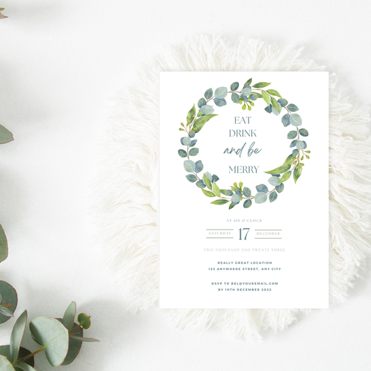 Editable Digital Christmas Invitation – Eat, Drink & Be Merry | Printable Eucalyptus Wreath Invite