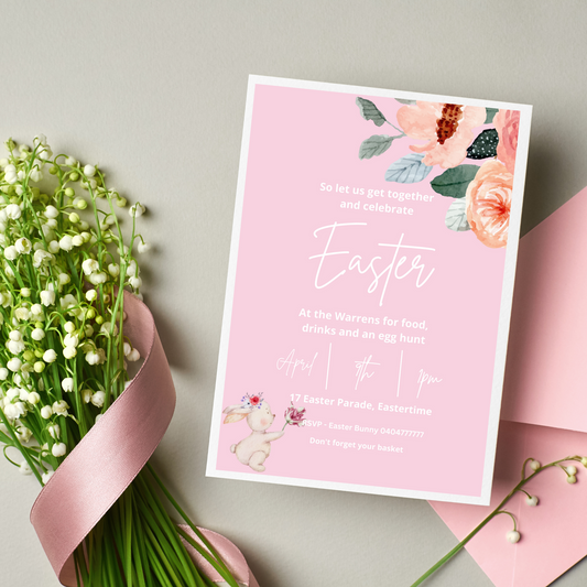 Pink Easter Bunny Digital Invitation – Editable in Canva