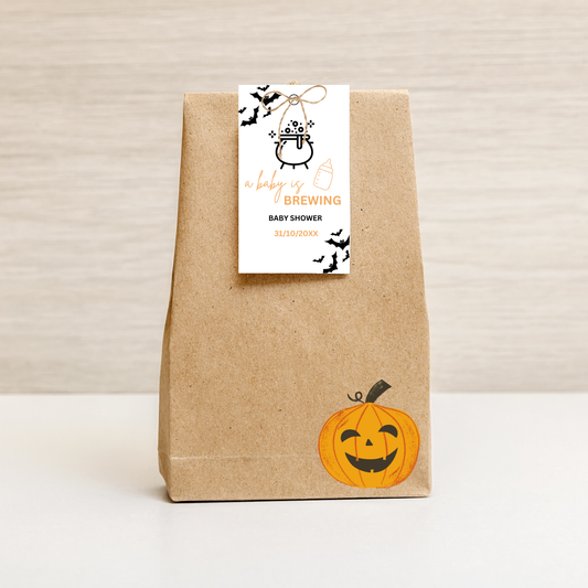 A Baby Is Brewing Printable Gift Tag | Editable Halloween Baby Shower Favor Tag
