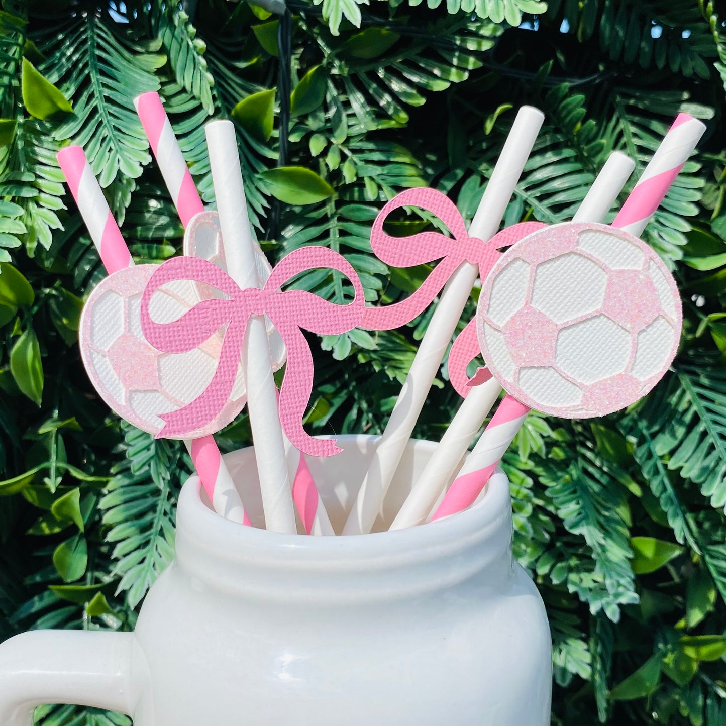 Pink Soccer Ball & Bow Paper Straws