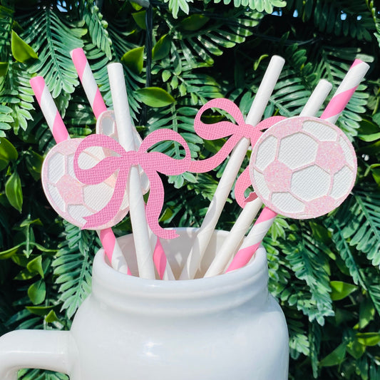 Pink Soccer Ball & Bow Paper Straws