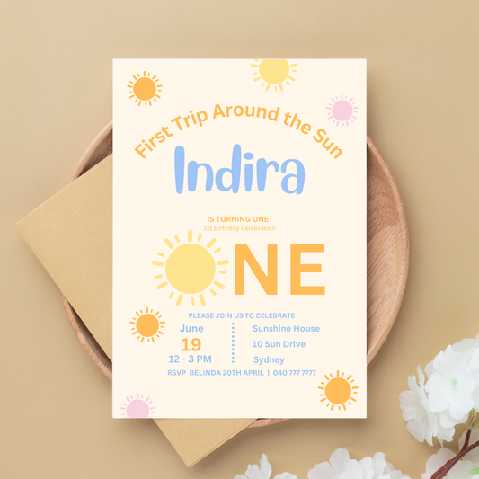 First Trip Around the Sun Birthday Invitation (Editable Canva Template)
