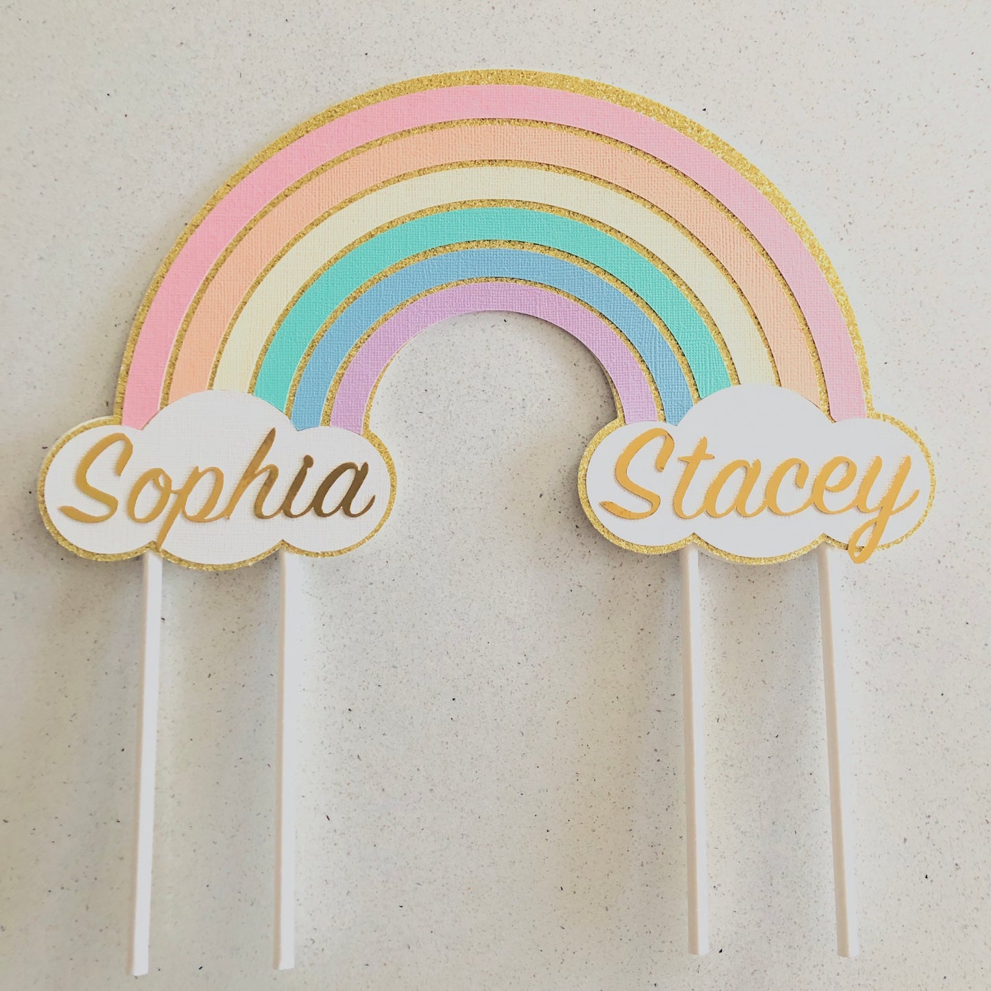 Personalised Pastel Rainbow Twin Cake Topper – Custom Name Decoration for Birthday Cakes & Parties