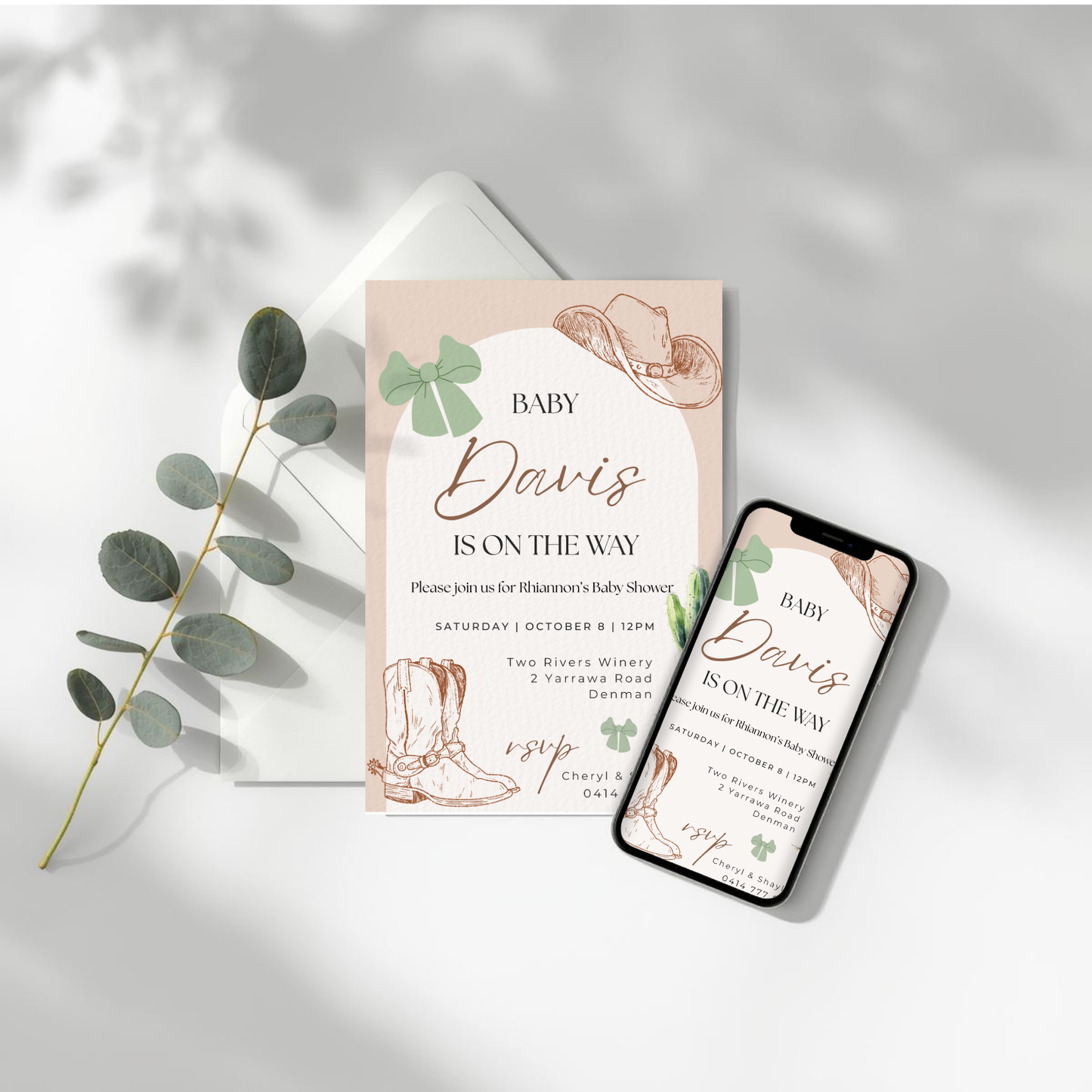 Western Baby Shower Invitation Template: Cowboy Boots, Cactus (Digital Download)