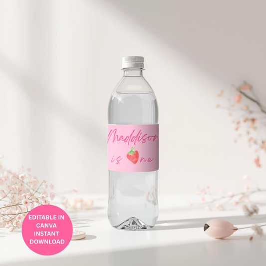 Strawberry Birthday Water Bottle Label Template Editable Canva Berry First Birthday Digital Download