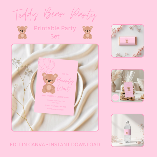 Cute Bear Baby Shower Girl Printable Party Set  Editable Canva Templates | Digital Download