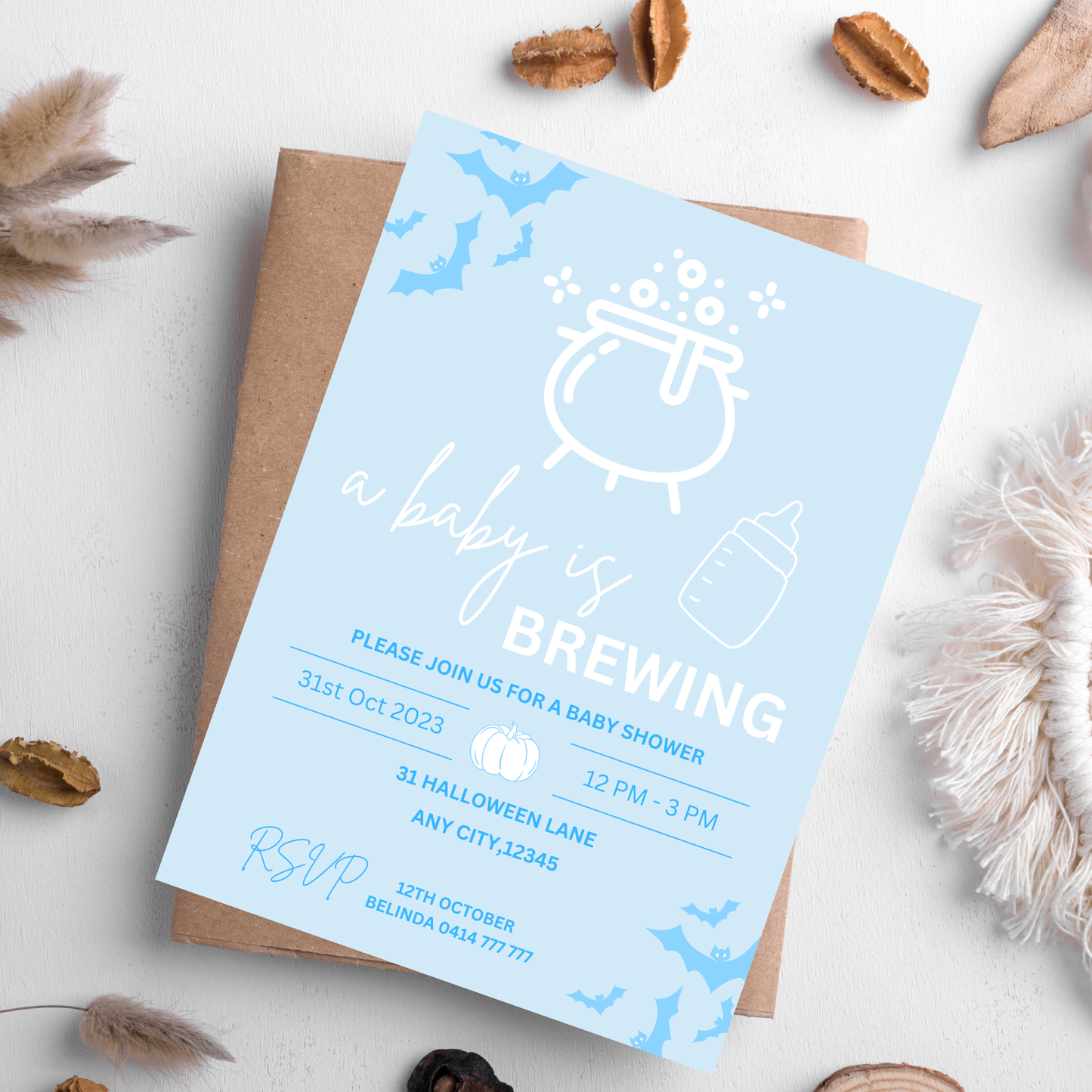 A baby is brewing Invite Blue Boy Halloween Baby Shower Editable Canva Template Instant Download