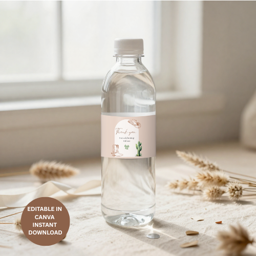 Cowgirl Baby Shower Water Bottle Labels | Editable Canva Template