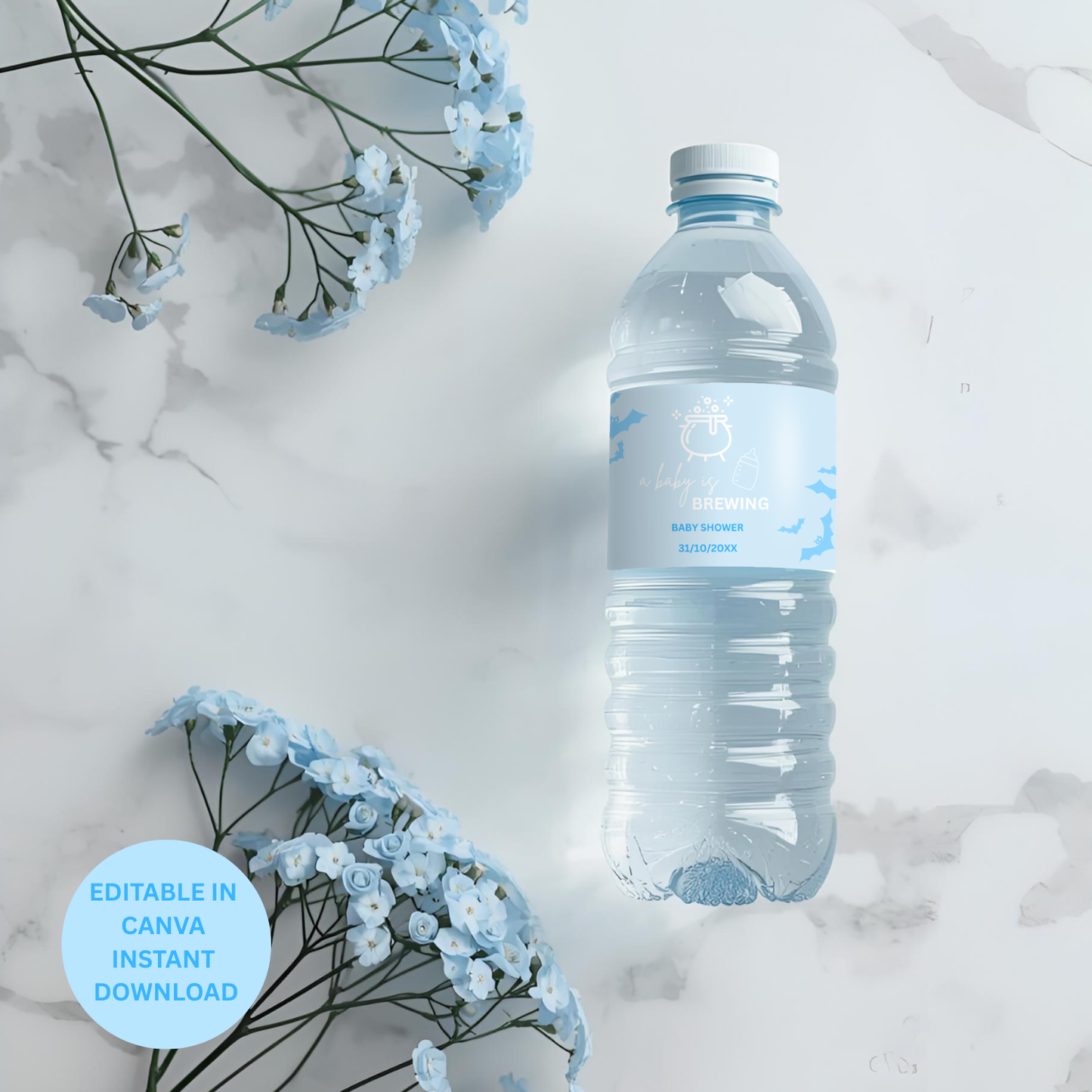 A Baby Is Brewing Water Bottle Labels Blue Halloween Baby Shower Editable Canva Template Boy Drink Printable Instant Download