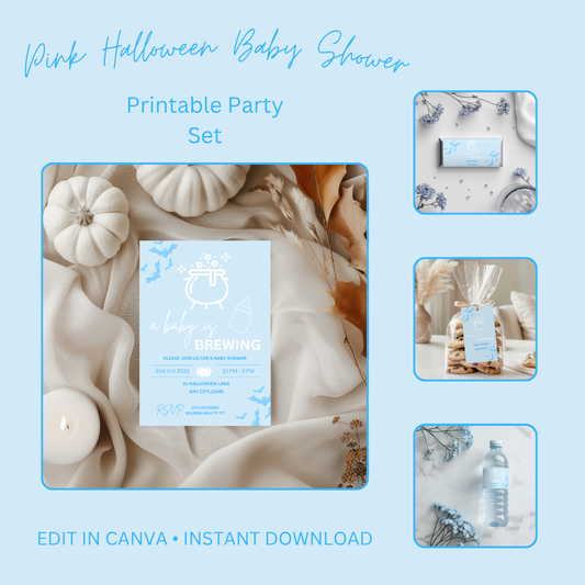 Blue Halloween Baby Shower Bundle: "A Baby Is Brewing" Canva Template (Digital Download)