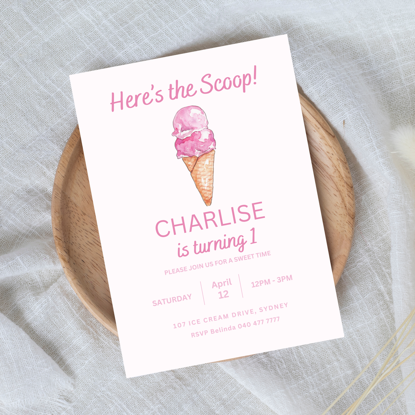 Ice Cream Birthday Invitation Template: Sweet One First Birthday Party (Digital Download)