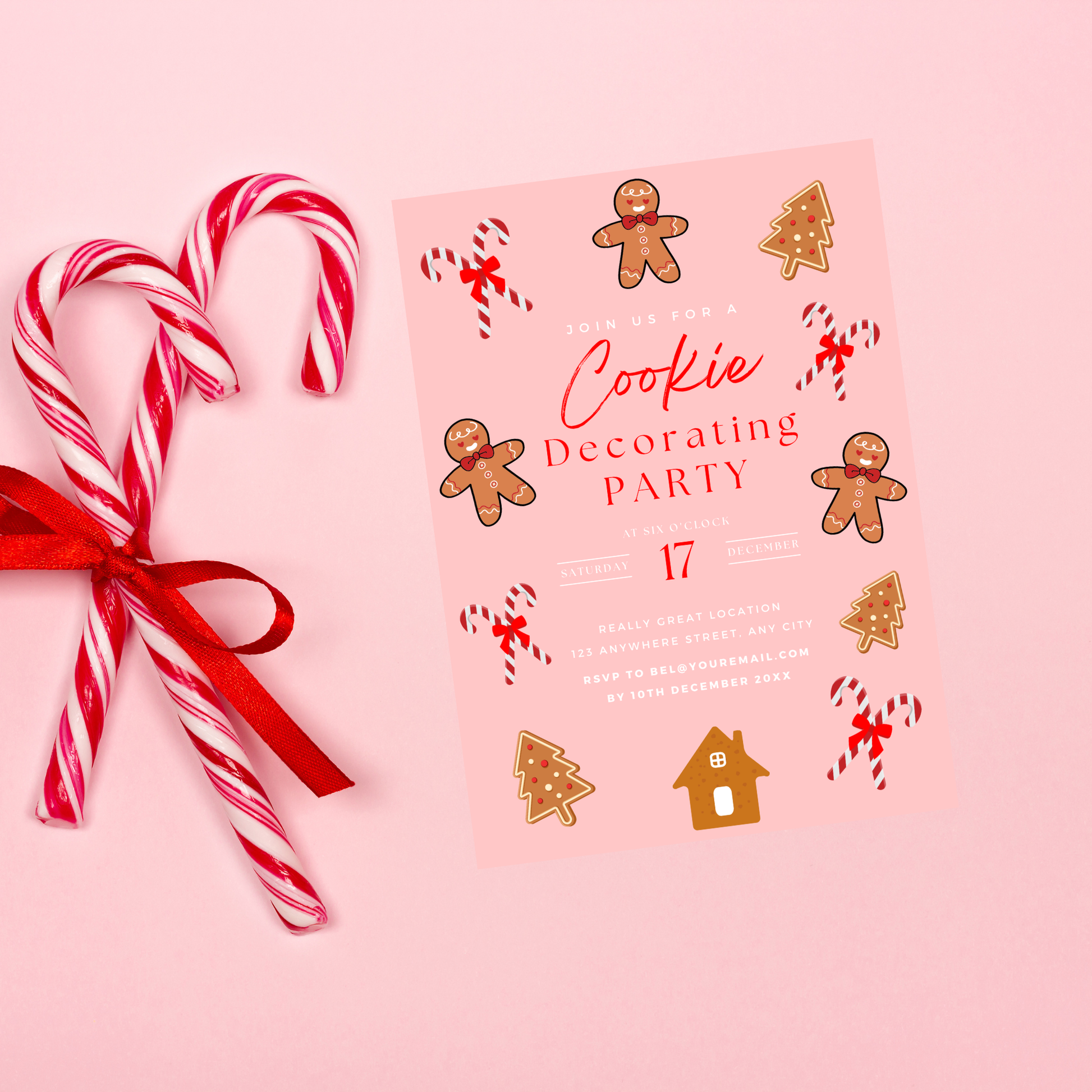 Cookie decorating party invitation with candy canes on a pink background