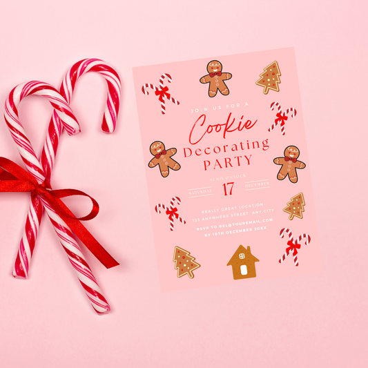Cookie decorating party invitation with candy canes on a pink background