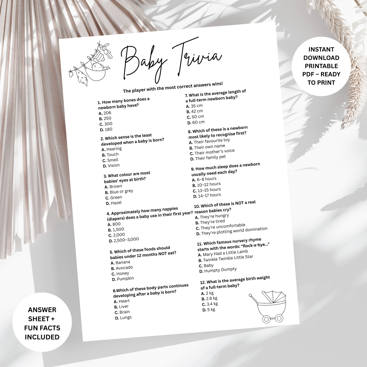 Baby Shower Trivia Game Printable PDF | Minimalist Baby Shower Game | Instant Download