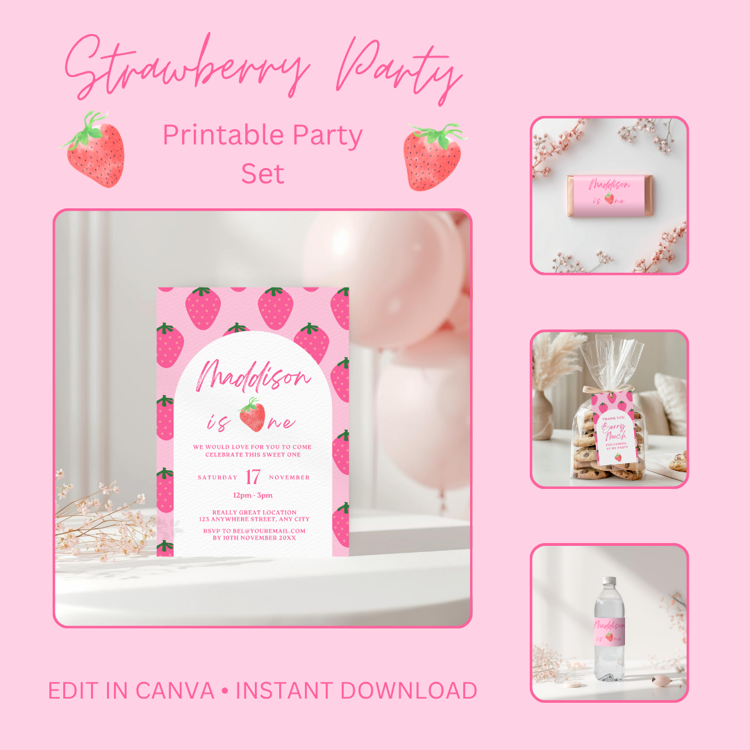 Strawberry Birthday Party Bundle Editable Canva Berry First Birthday Digital Download