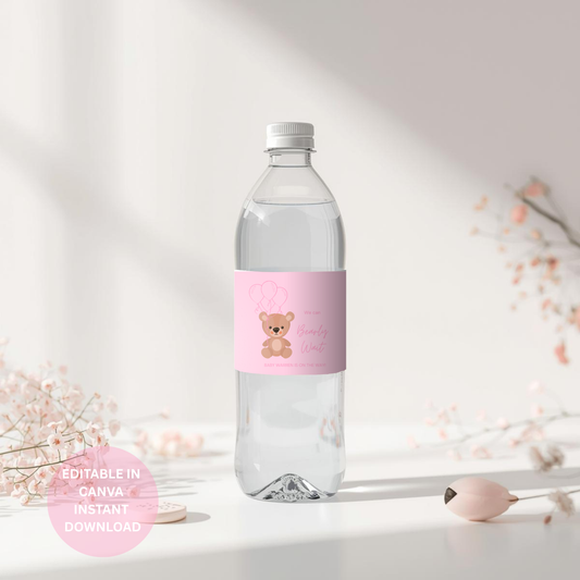 Pink Teddy Bear Baby Shower Water Bottle Labels, We Can Bearly Wait Party (Digital Download)