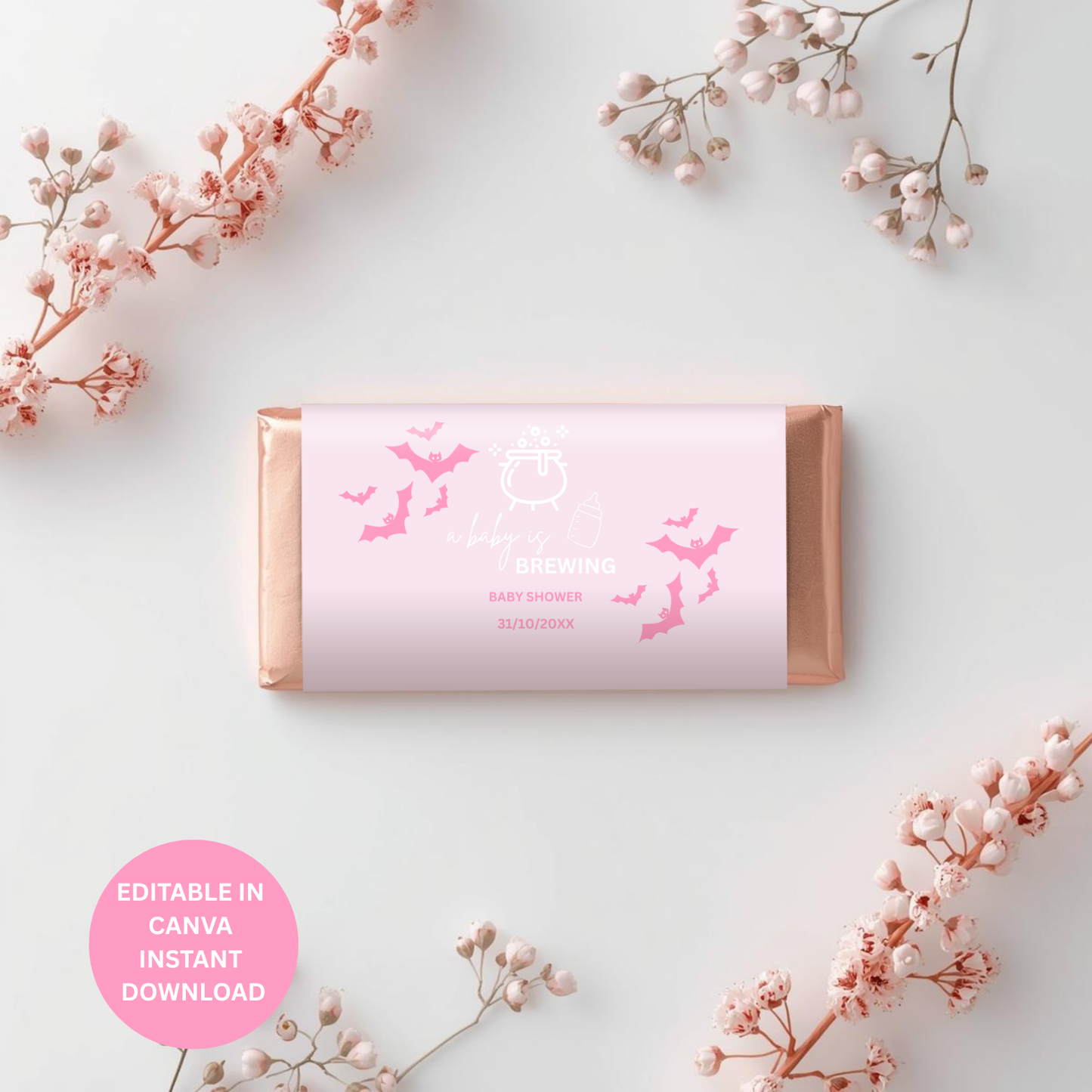 Pink Halloween Baby Shower Chocolate Wrappers: A Baby Is Brewing (Digital Download)