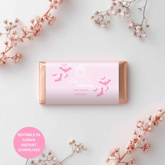 Pink Halloween Baby Shower Chocolate Wrappers: A Baby Is Brewing (Digital Download)