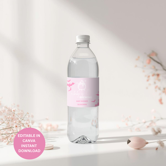 Pink Halloween Baby Shower Water Bottle Labels: A Baby Is Brewing (Canva Template, Digital Download)