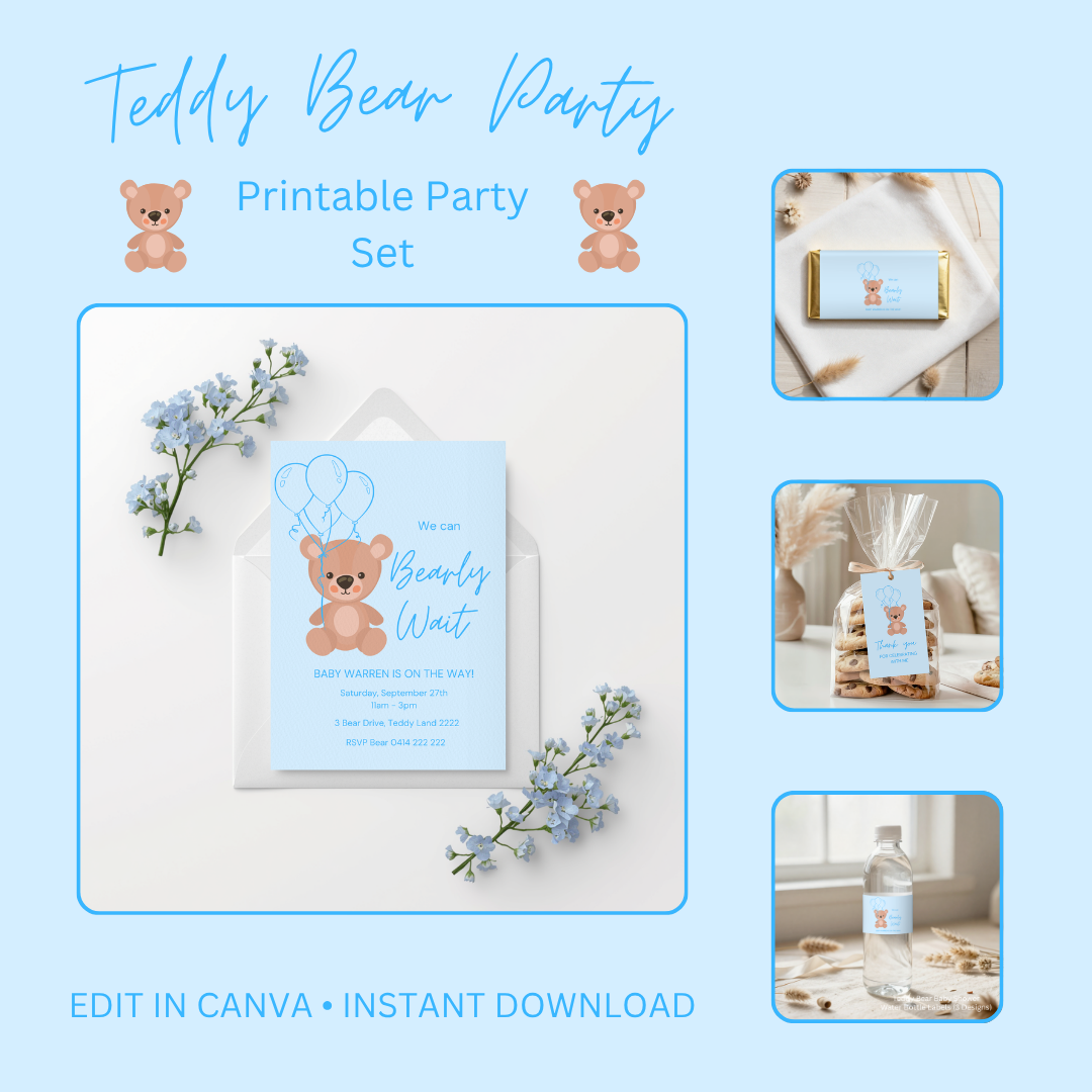 Blue Teddy Bear Printable Party Set  Editable Canva Templates | Digital Download
