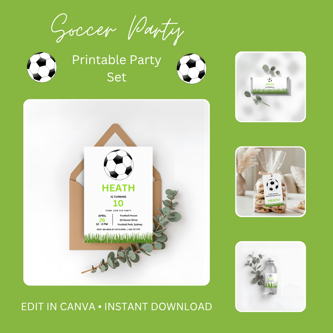 Soccer Birthday Party Bundle: Editable Invitation, Wrappers, Tags (Digital Download)