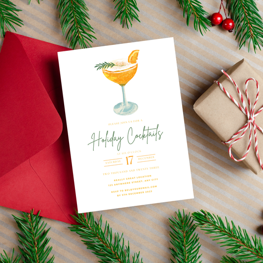 Holiday cocktail invitation with a red envelope and gift box on a festive background