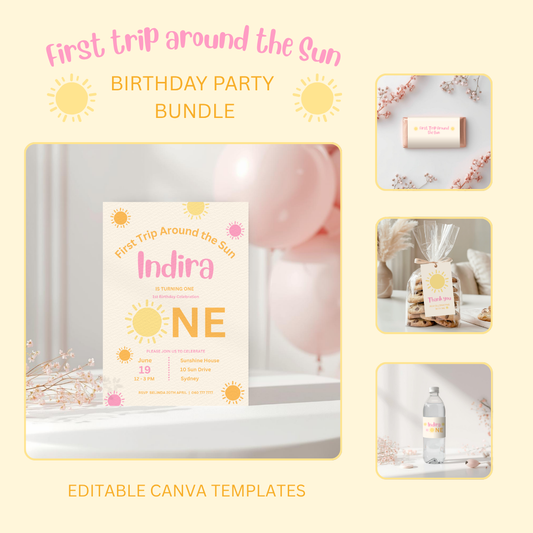 First Trip Around the Sun Birthday Bundle | Pink Editable Canva Template