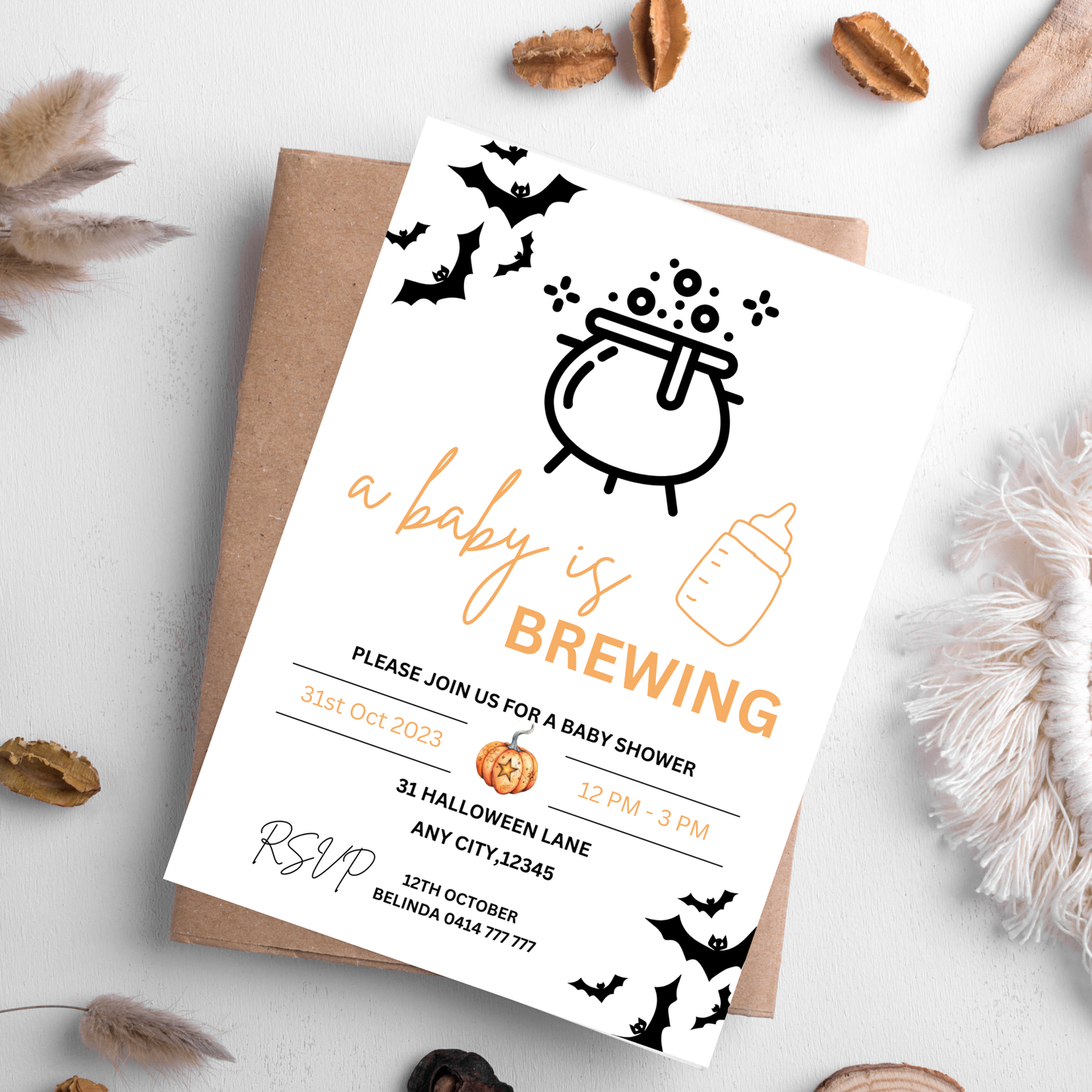 Halloween Baby Shower Invitation: "A Baby Is Brewing" Template (Digital Download)
