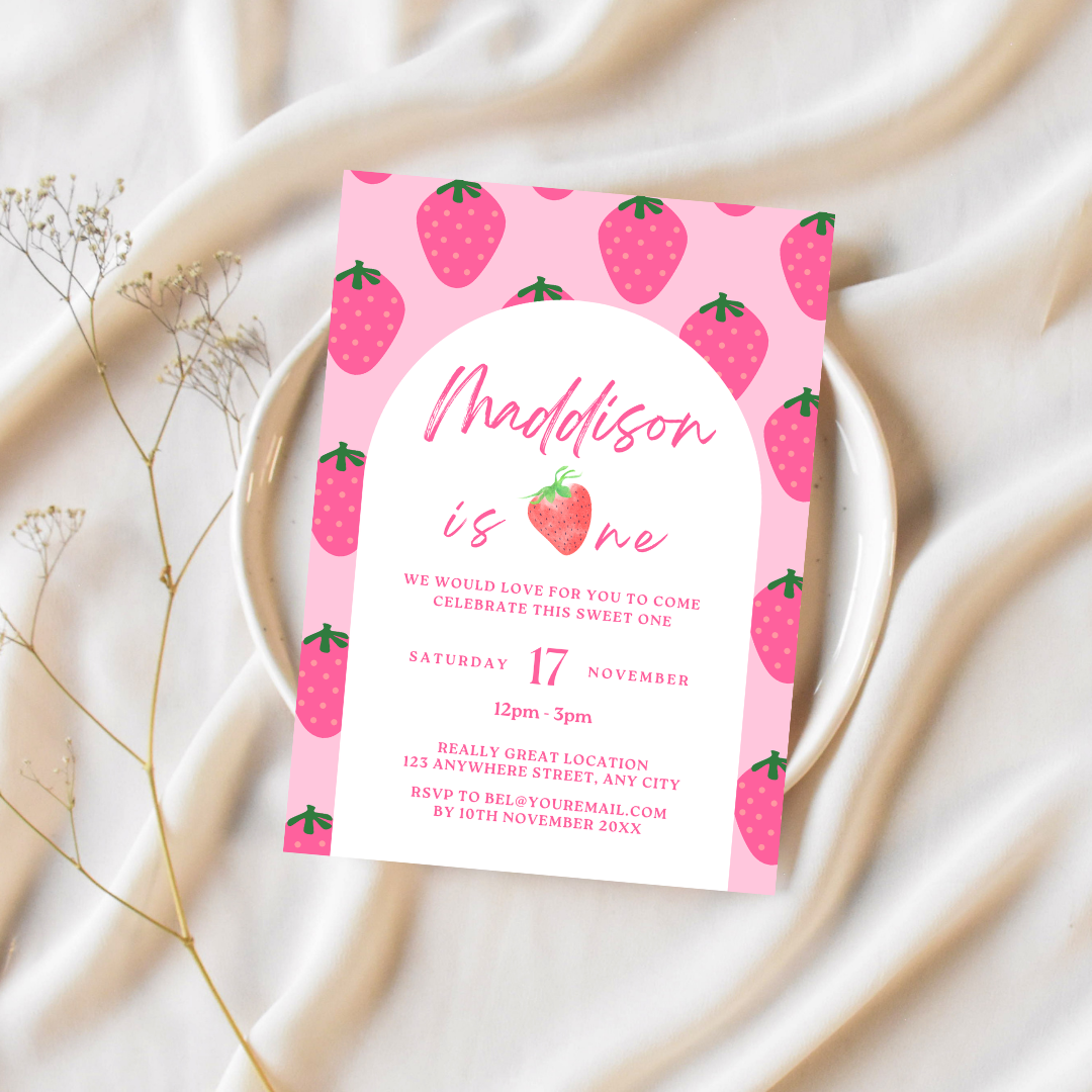 Strawberry Birthday Party Bundle Editable Canva Berry First Birthday Digital Download