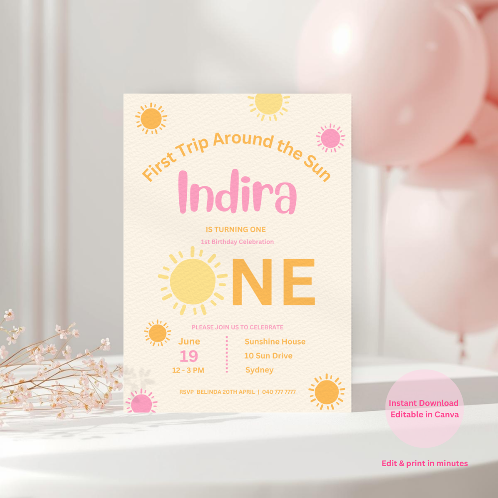 First Trip Around the Sun Invitation – Pink 1st Birthday Canva Template