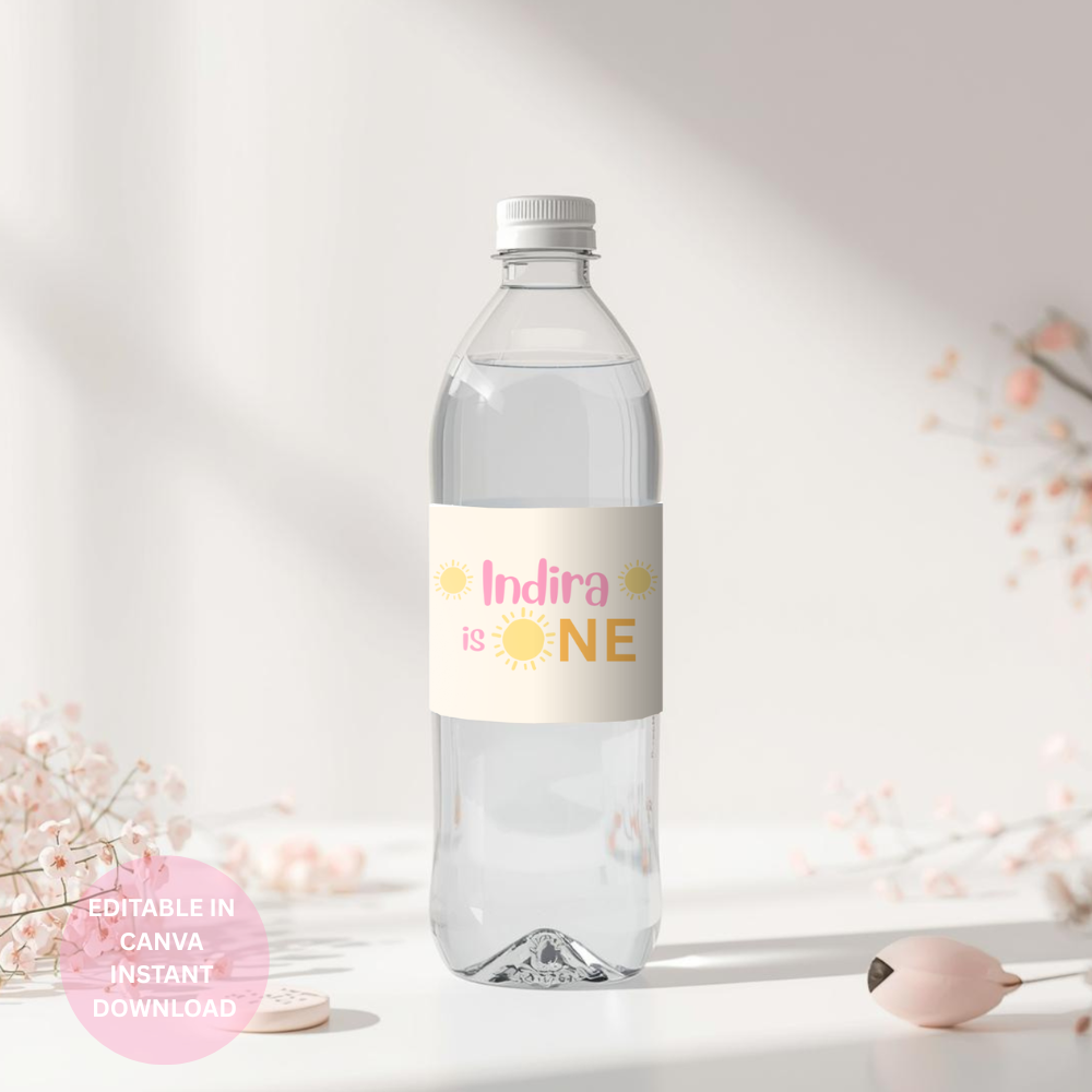 First Trip Around the Sun Water Bottle Labels – Pink 1st Birthday Canva Template