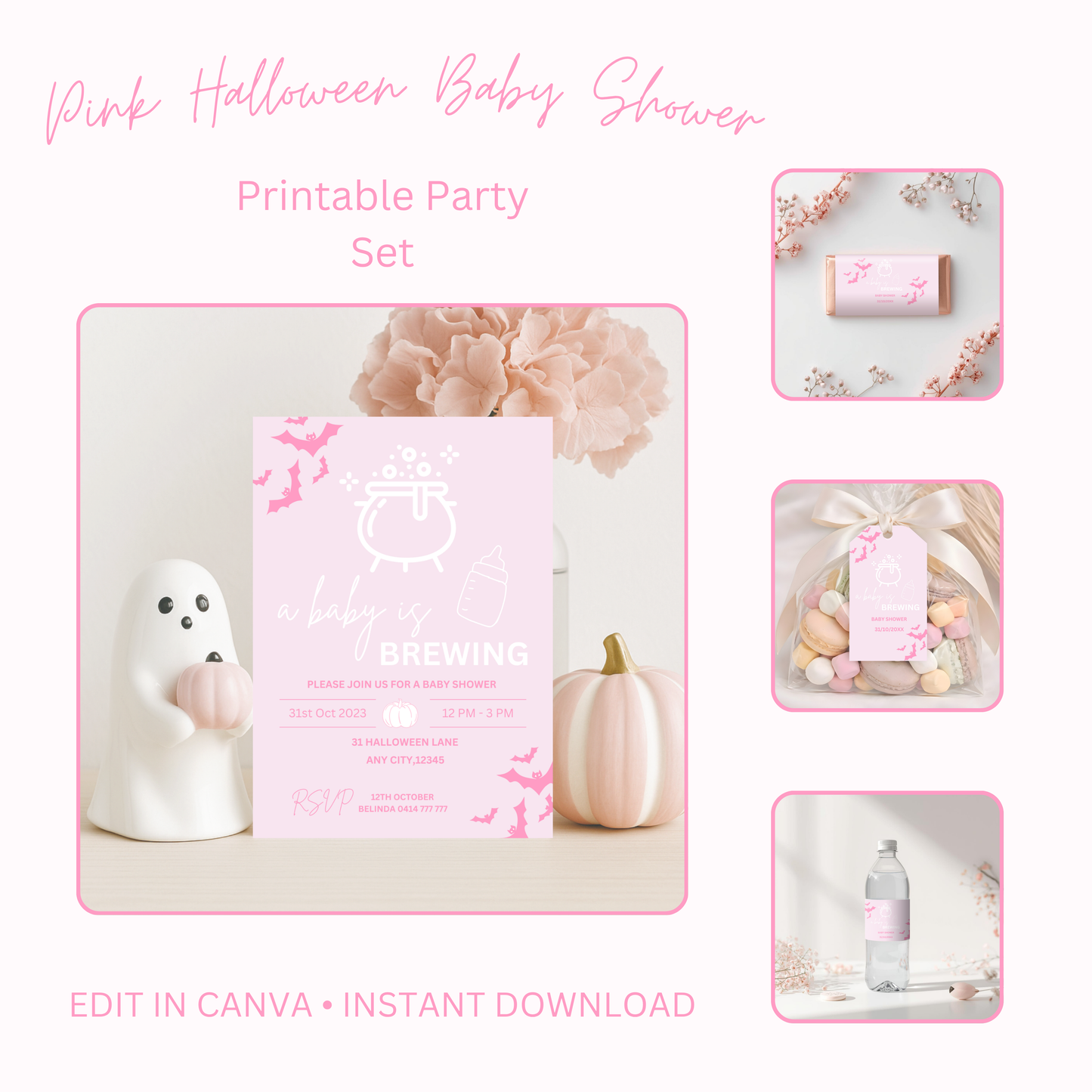 Pink Halloween Baby Shower Bundle: "A Baby Is Brewing" Canva Template (Digital Download)