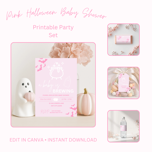 Pink Halloween Baby Shower Bundle: "A Baby Is Brewing" Canva Template (Digital Download)