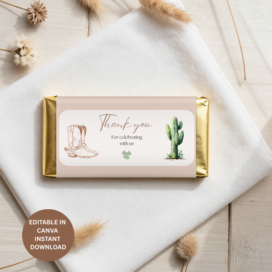 Cowgirl Baby Shower Chocolate Wrapper, Western Cowboy Favor, Canva Template, Boots Label, Gender Reveal