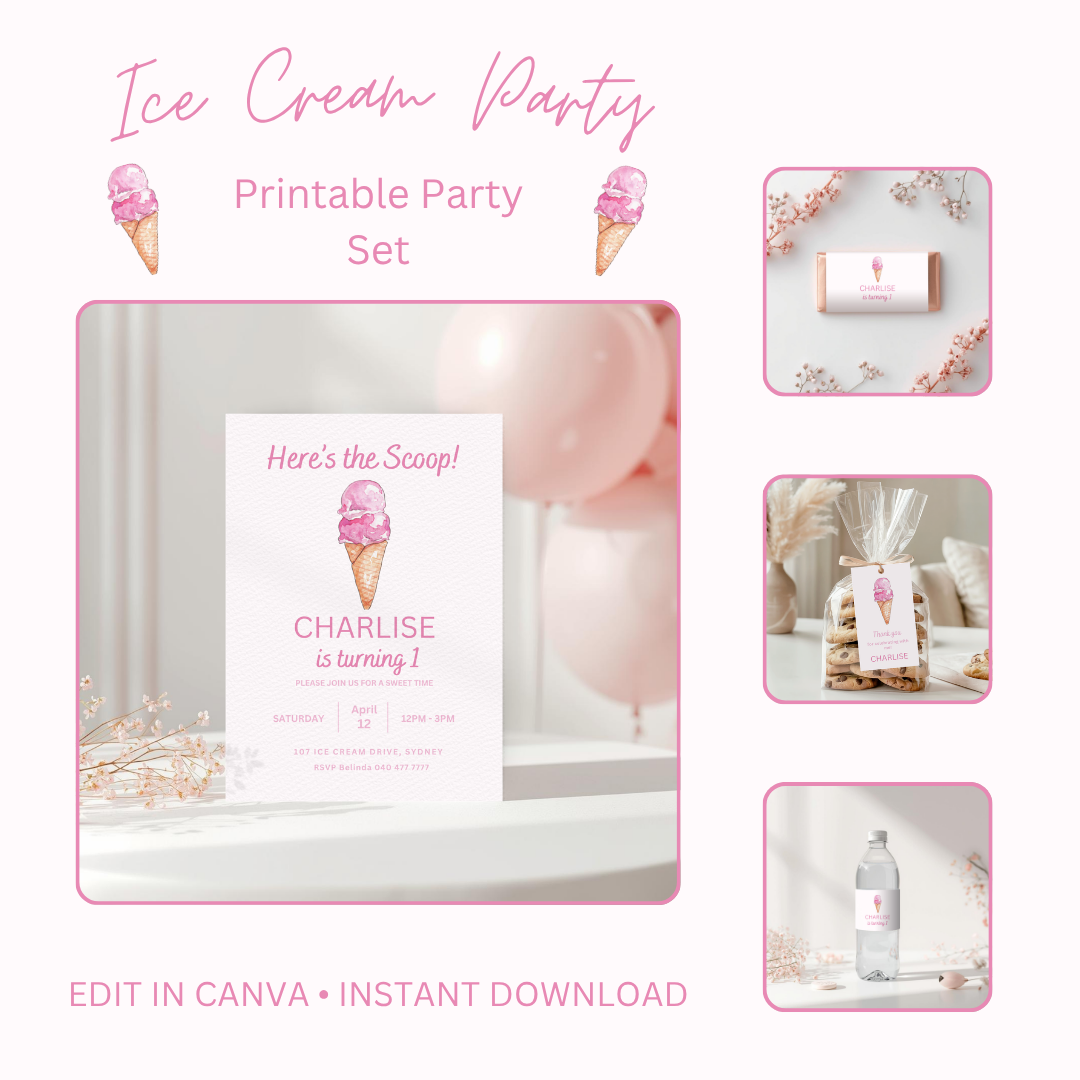 Ice Cream Birthday Party Bundle Editable Invitation Wrappers Tags Water Bottle Labels Digital Download