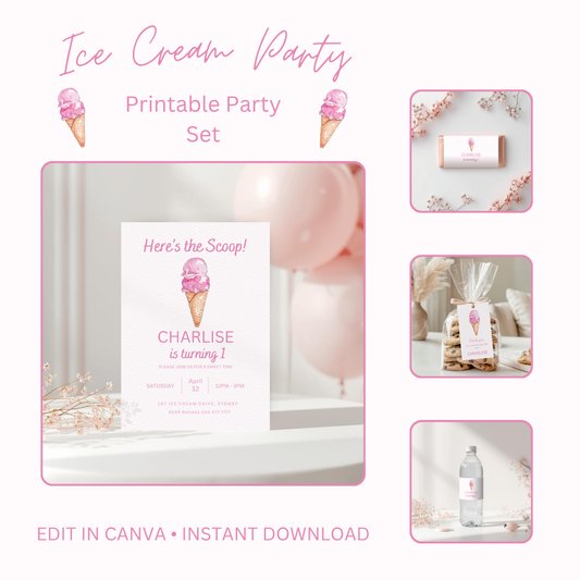 Ice Cream Birthday Party Bundle Editable Invitation Wrappers Tags Water Bottle Labels Digital Download