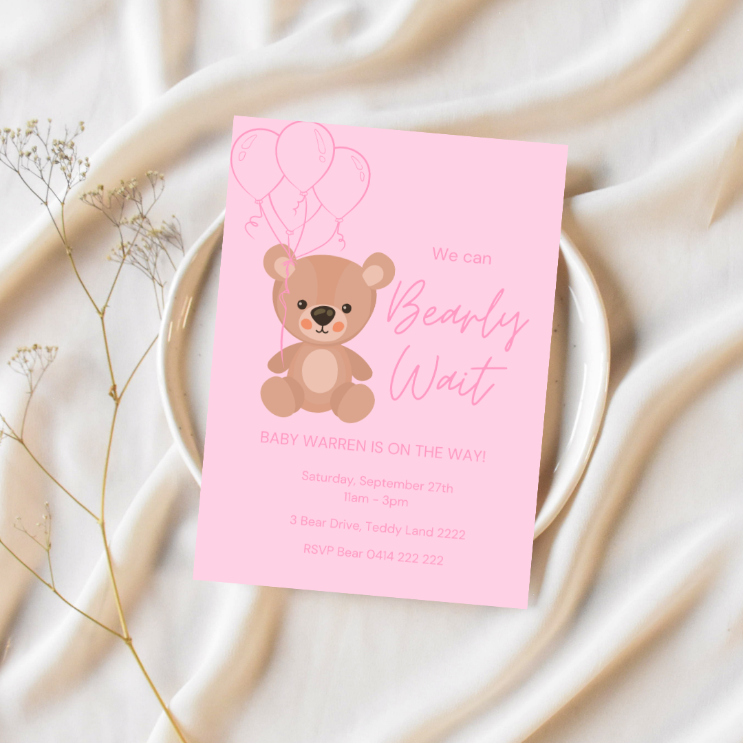 Cute Bear Baby Shower Girl Printable Party Set  Editable Canva Templates | Digital Download