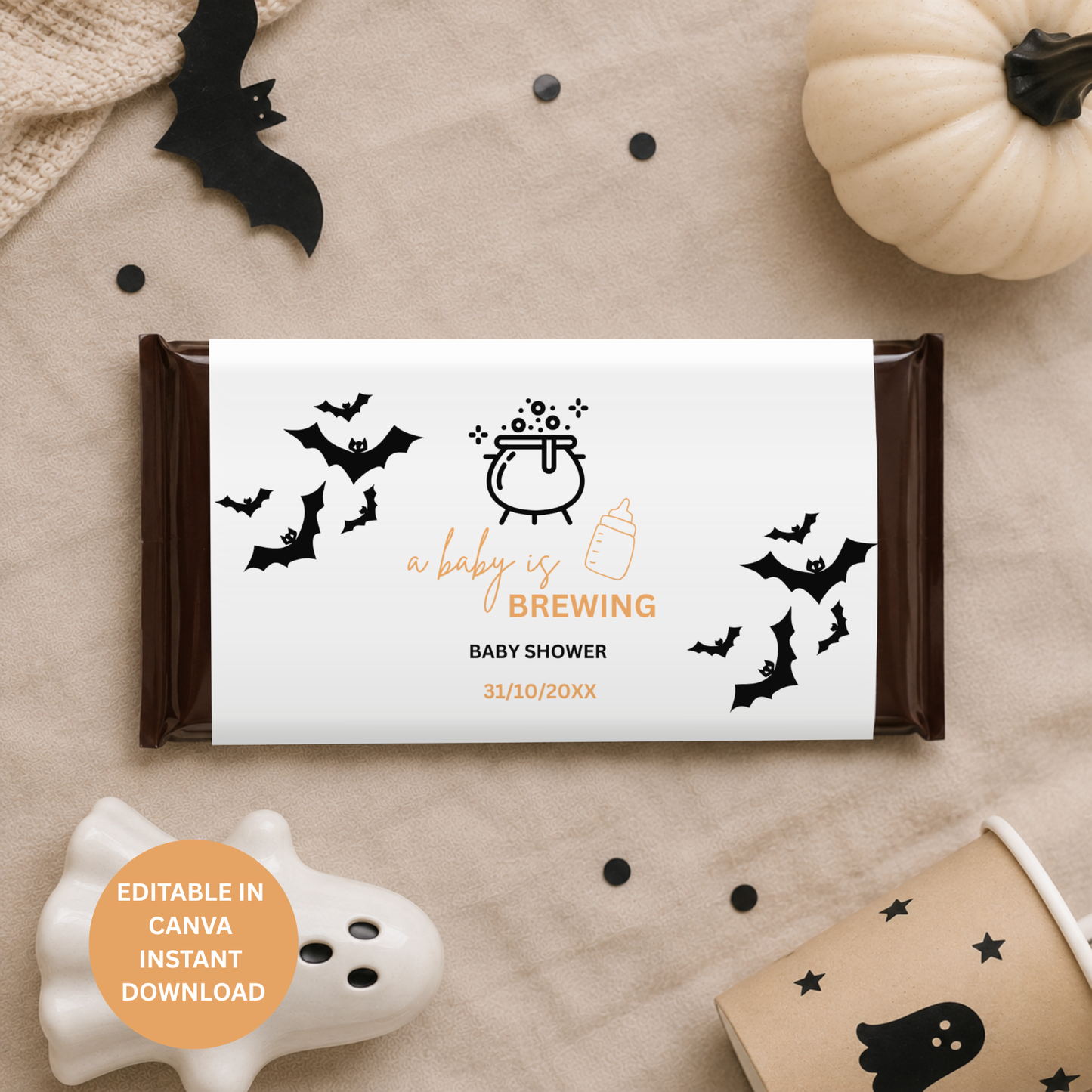 A Baby Is Brewing Chocolate Wrappers | Halloween Baby Shower Printable | Editable Canva Template