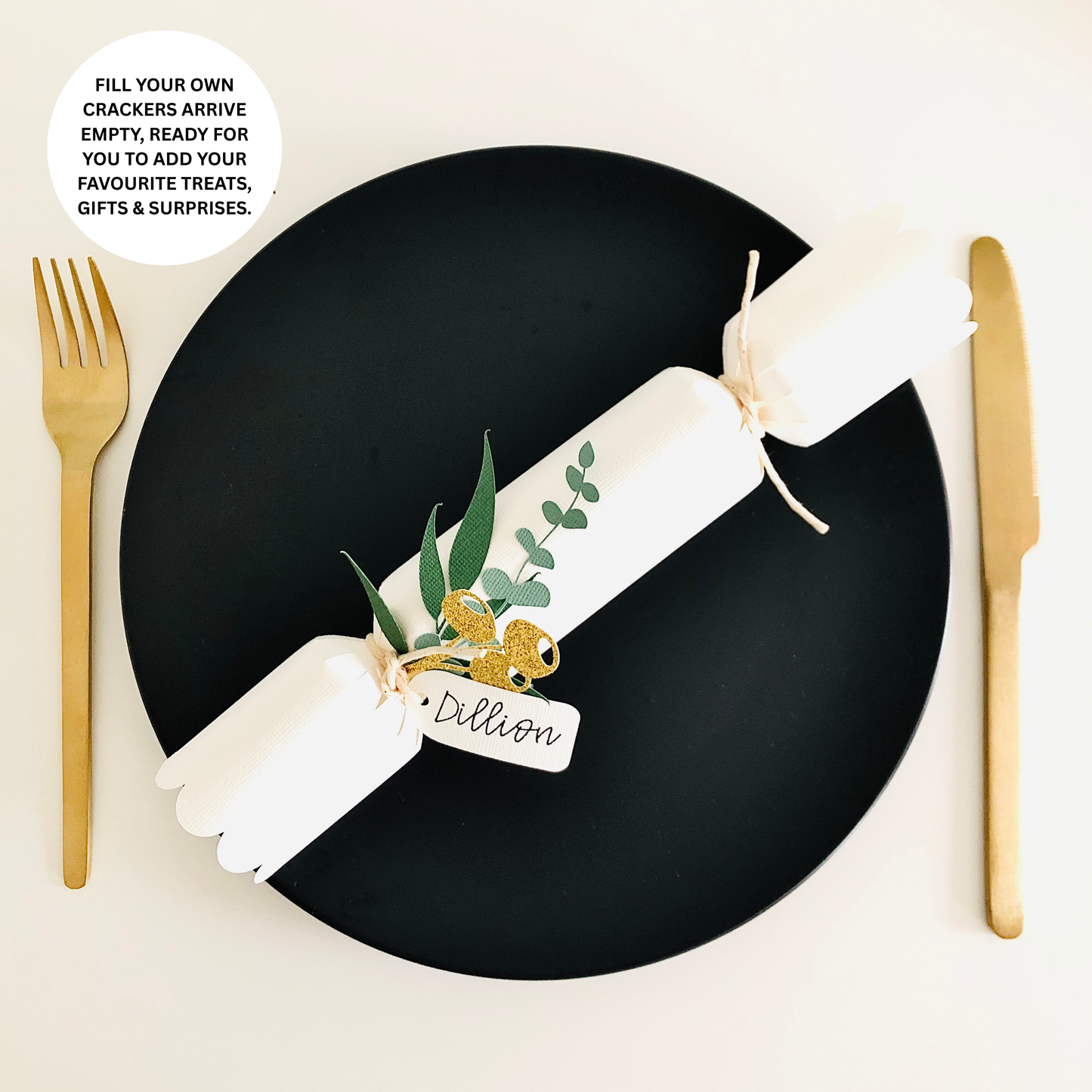 Personalised Fill Your Own Christmas Crackers – Eucalyptus & Gold