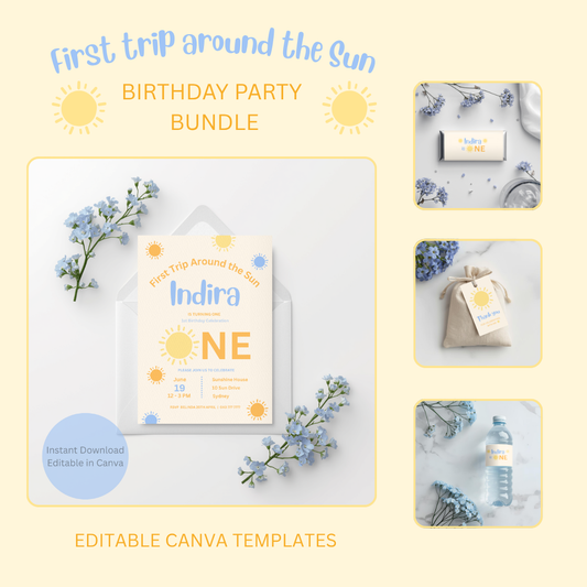 First Trip Around Sun Birthday Blue Baby Boy Party Bundle | Editable Canva Templates (Digital Download)