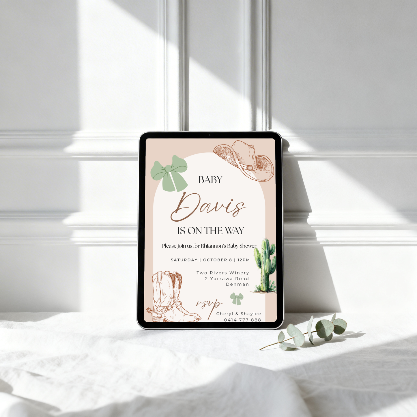 Western Baby Shower Invitation Template: Cowboy Boots, Cactus (Digital Download)